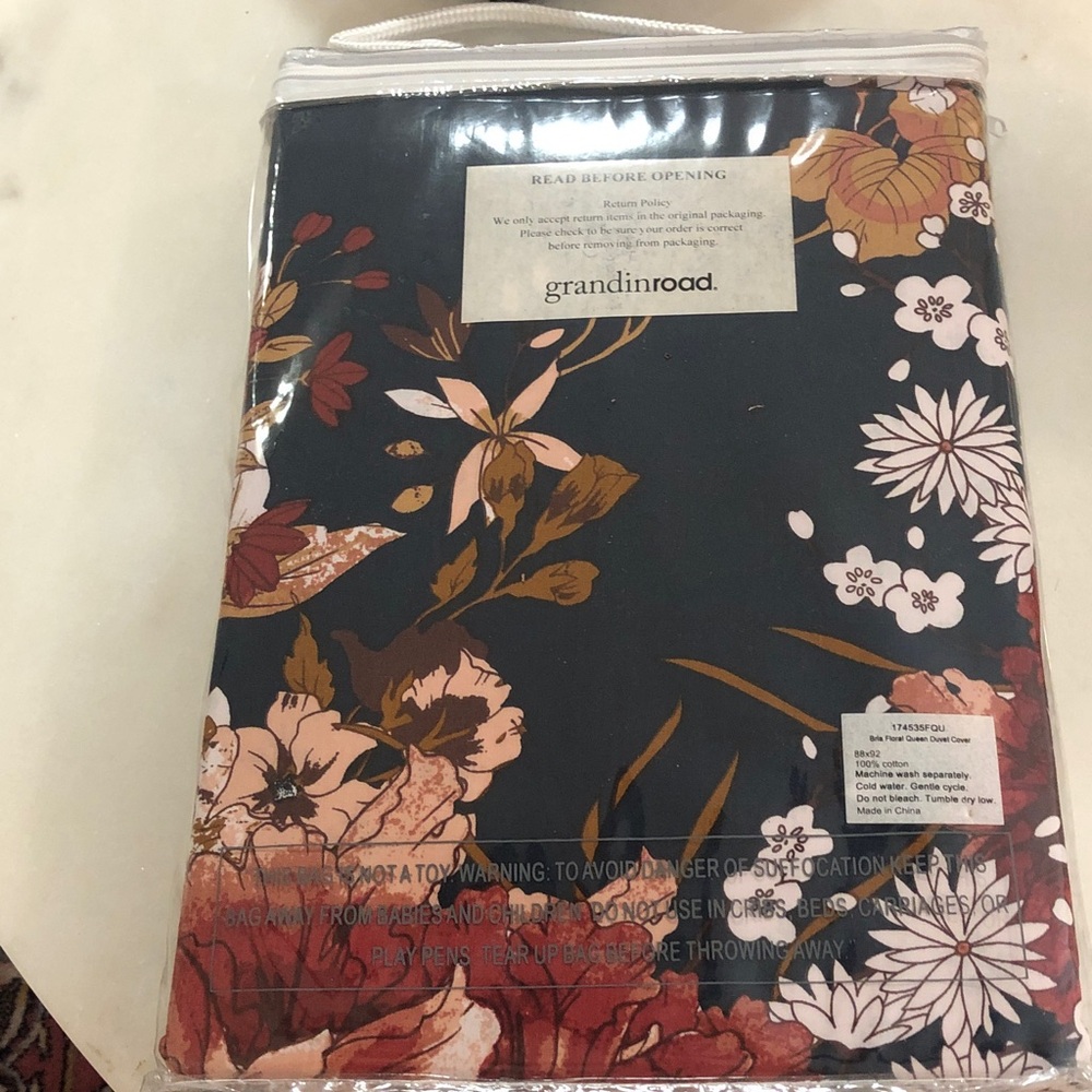 Grandinroad Bria Cotton Duvet Queen in Navy with Pink & Rust Flowers $229 NWT